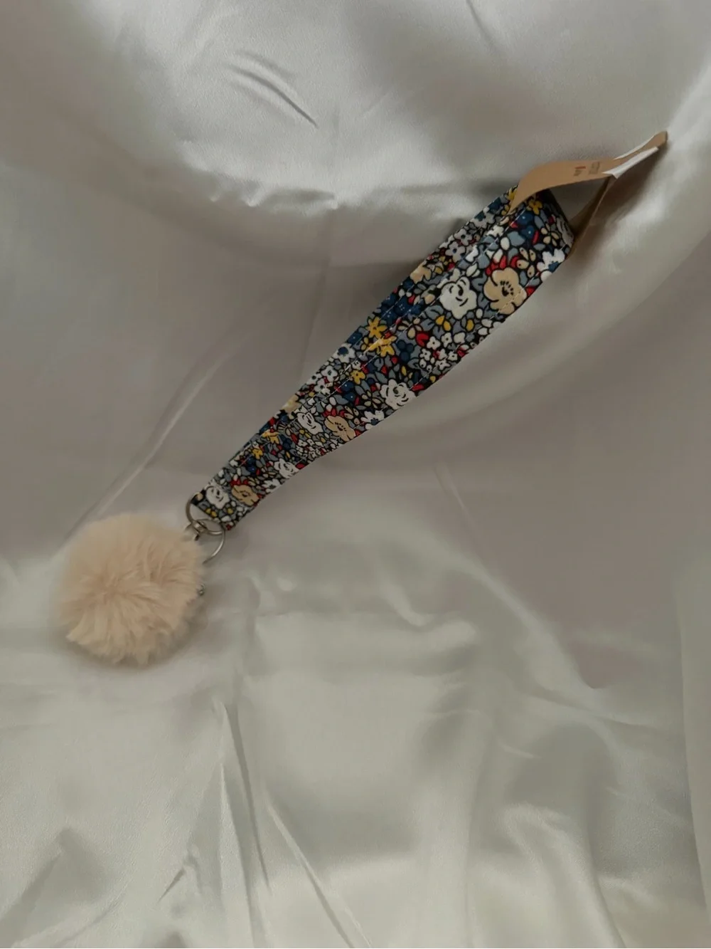 Handmade White and Blue Floral Wristlet Keychain with Beige Pompom